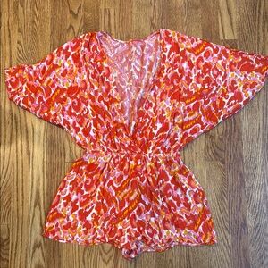 Orange and pink deep V short sleeve romper